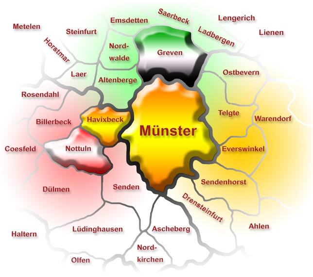 Karte Stadt Münster und Nachbarkreise M-Kung-Fu Gebiet
